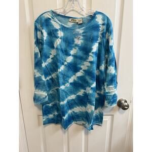Collections Etc Large Tie Dyed Teal Blue White 3/4 Sleeve Tunic Sequins New